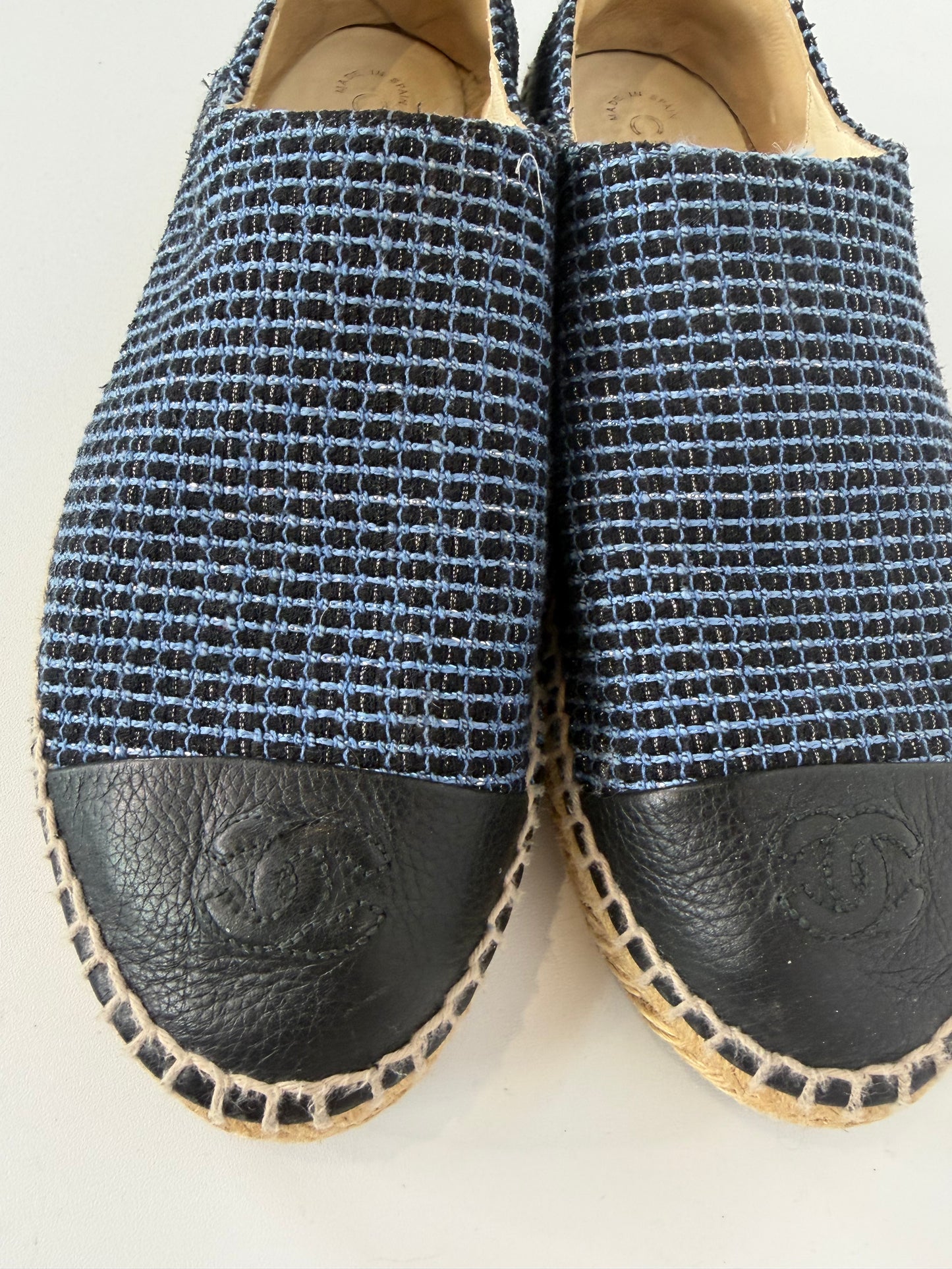 Chanel Blue Black Tweed CC Leather Cap Espadrille Flats