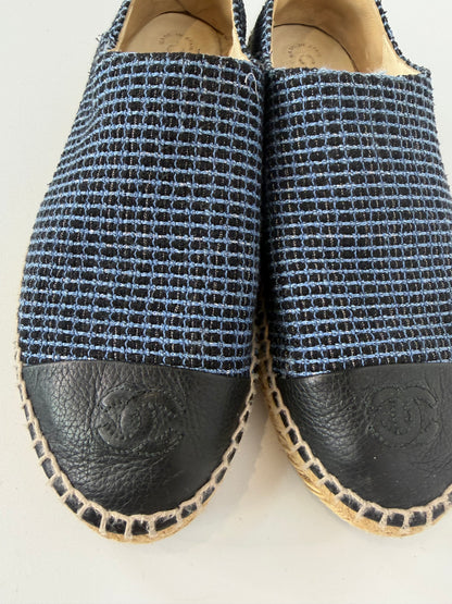 Chanel Blue Black Tweed CC Leather Cap Espadrille Flats