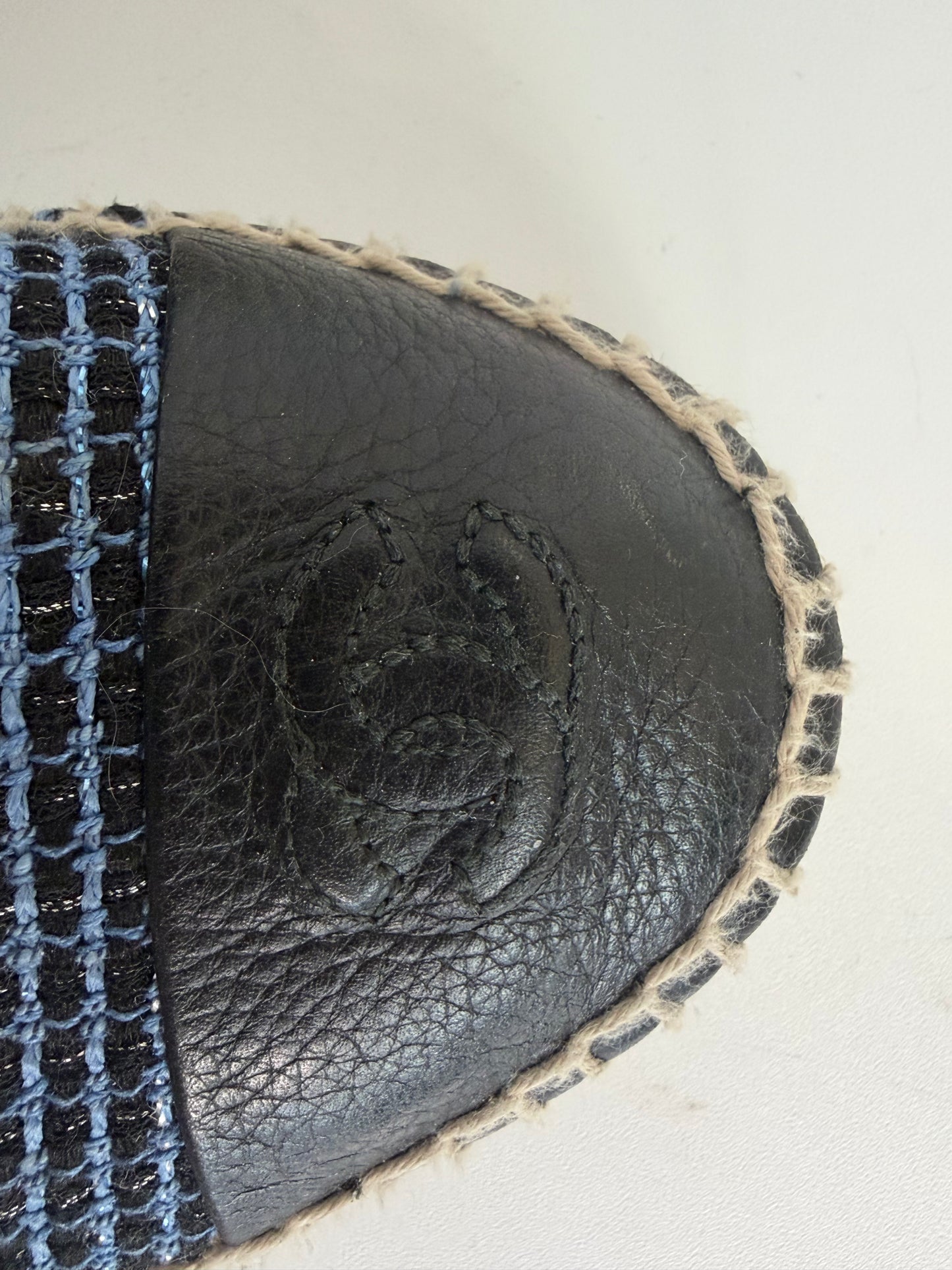 Chanel Blue Black Tweed CC Leather Cap Espadrille Flats