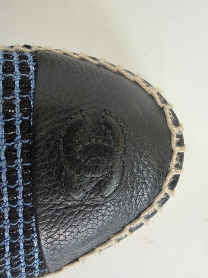 Chanel Blue Black Tweed CC Leather Cap Espadrille Flats