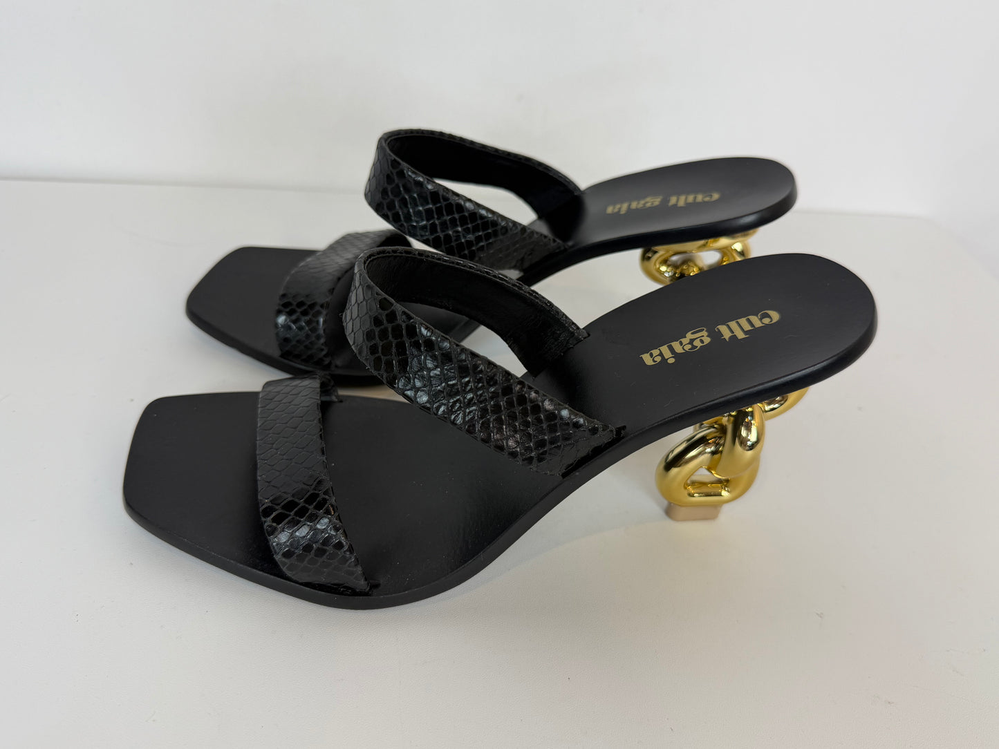 Cult Gaia "Vivianne" Sandals in Black w/ Gold Chain Heel