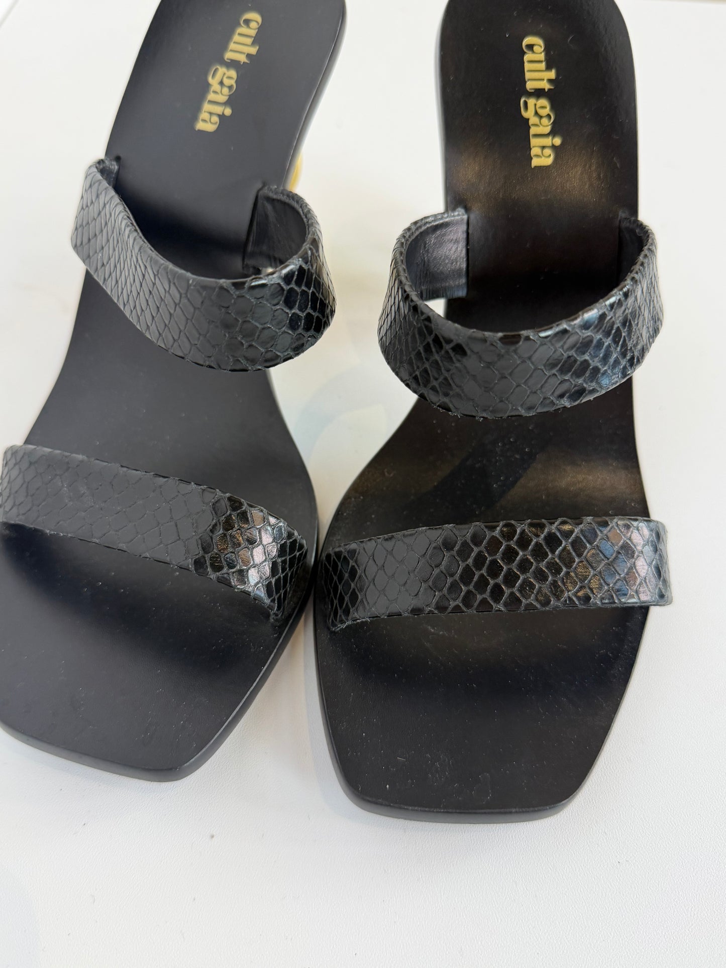 Cult Gaia "Vivianne" Sandals in Black w/ Gold Chain Heel