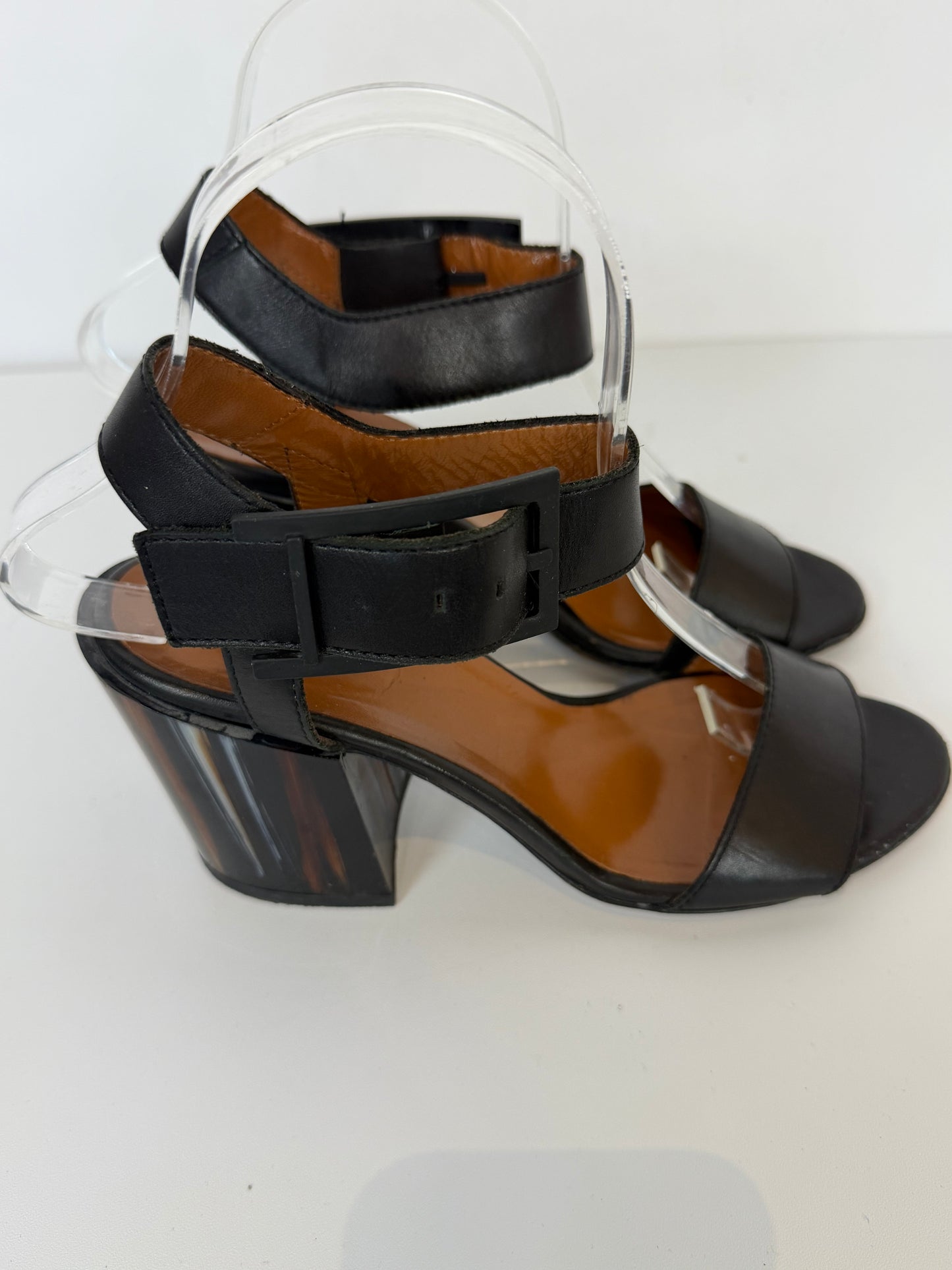 Aquatalia Black Leather Open Toe Buckle Block Heel Sandals
