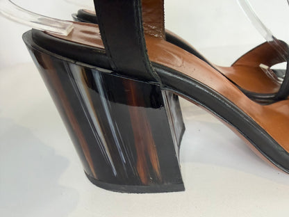 Aquatalia Black Leather Open Toe Buckle Block Heel Sandals