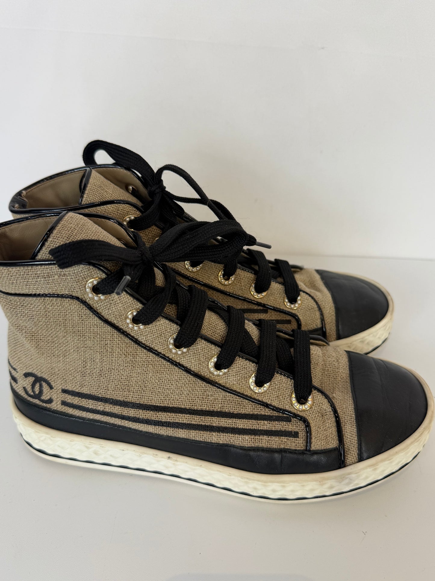 Chanel Beige Canvas & Leather High-Top Sneakers w/ CC Logo