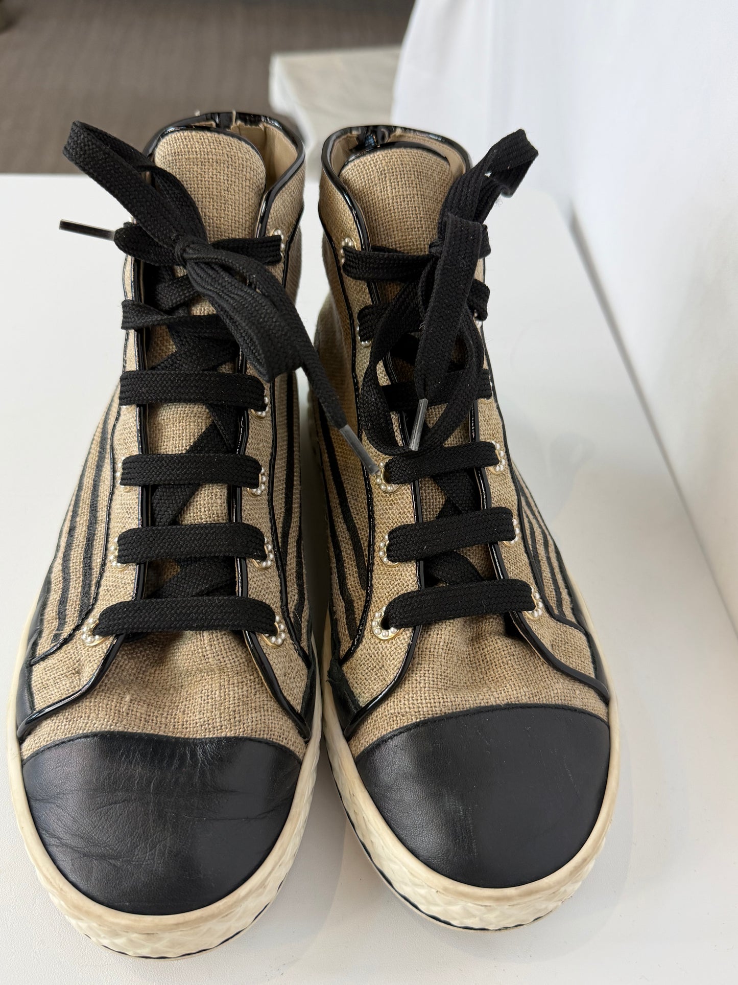 Chanel Beige Canvas & Leather High-Top Sneakers w/ CC Logo