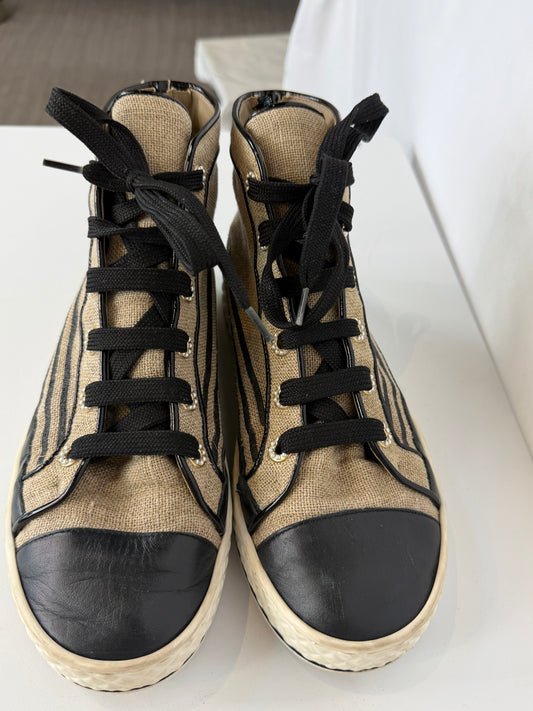 Chanel Beige Canvas & Leather High-Top Sneakers w/ CC Logo