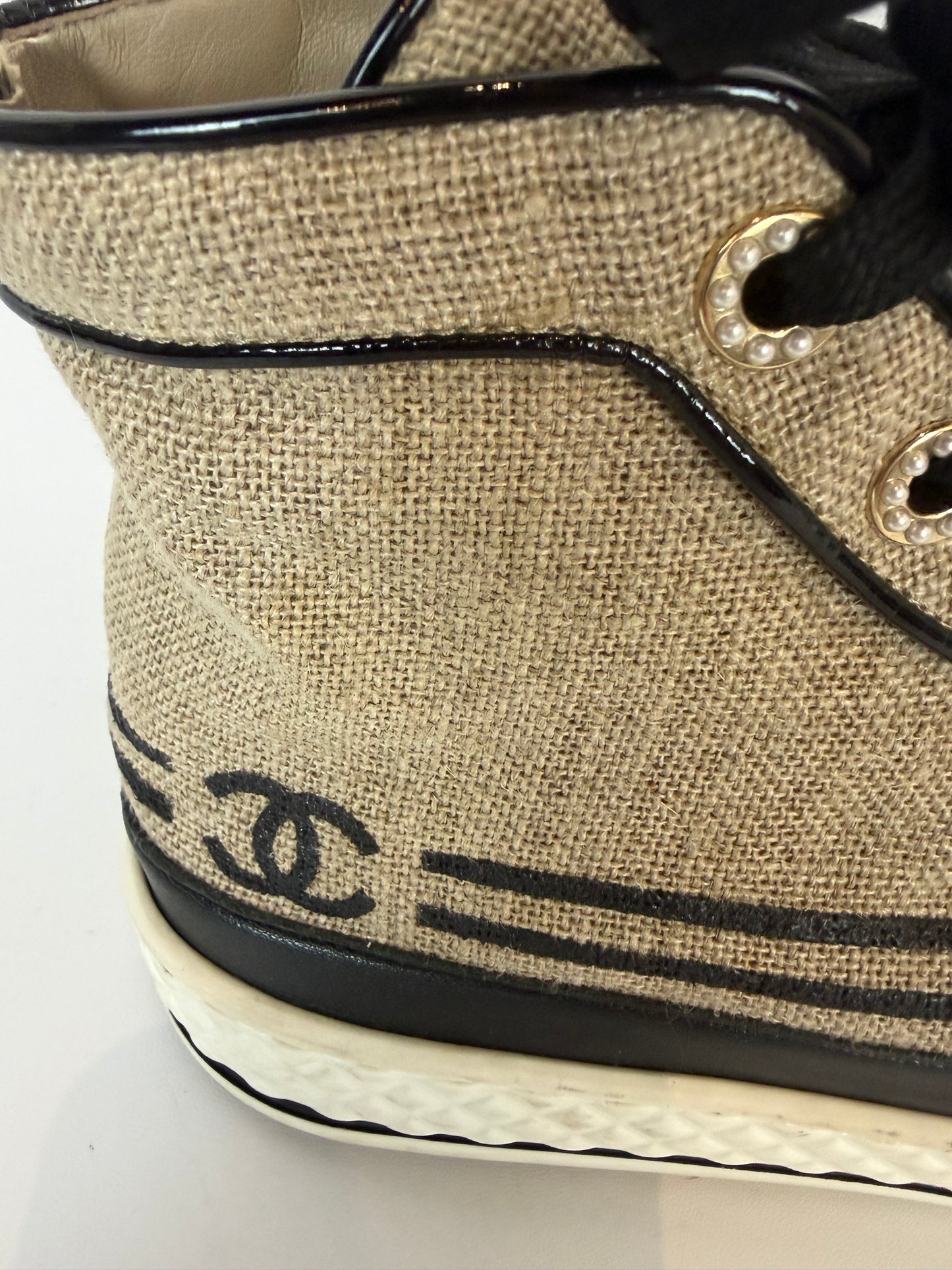Chanel Beige Canvas & Leather High-Top Sneakers w/ CC Logo