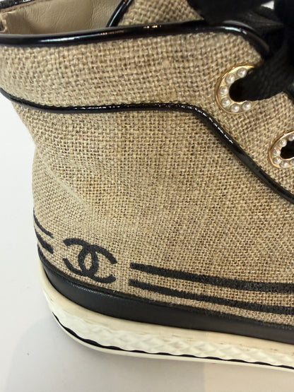 Chanel Beige Canvas & Leather High-Top Sneakers w/ CC Logo