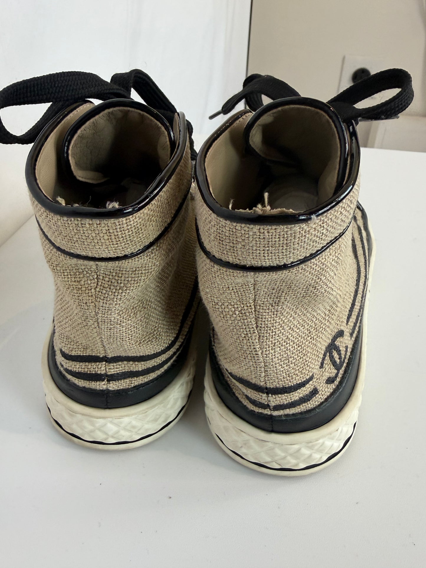 Chanel Beige Canvas & Leather High-Top Sneakers w/ CC Logo