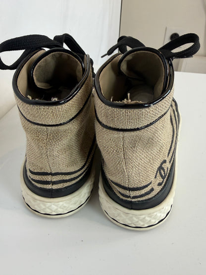 Chanel Beige Canvas & Leather High-Top Sneakers w/ CC Logo