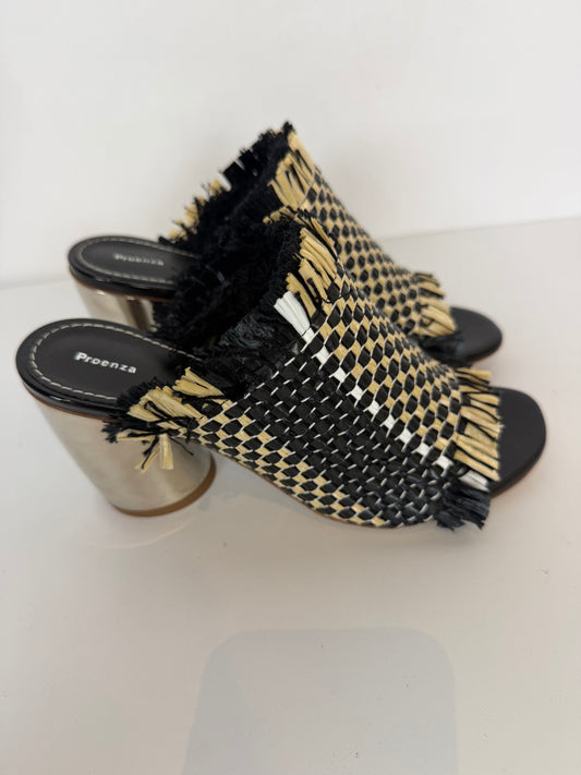 Proenza Schouler Black & Beige Woven Fringe Open Toe Mirror Black Heels