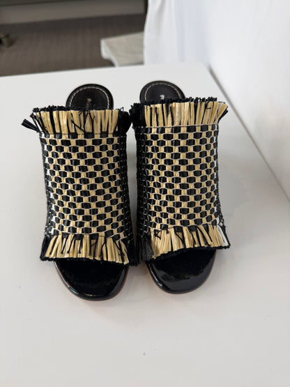 Proenza Schouler Black & Beige Woven Fringe Open Toe Mirror Black Heels