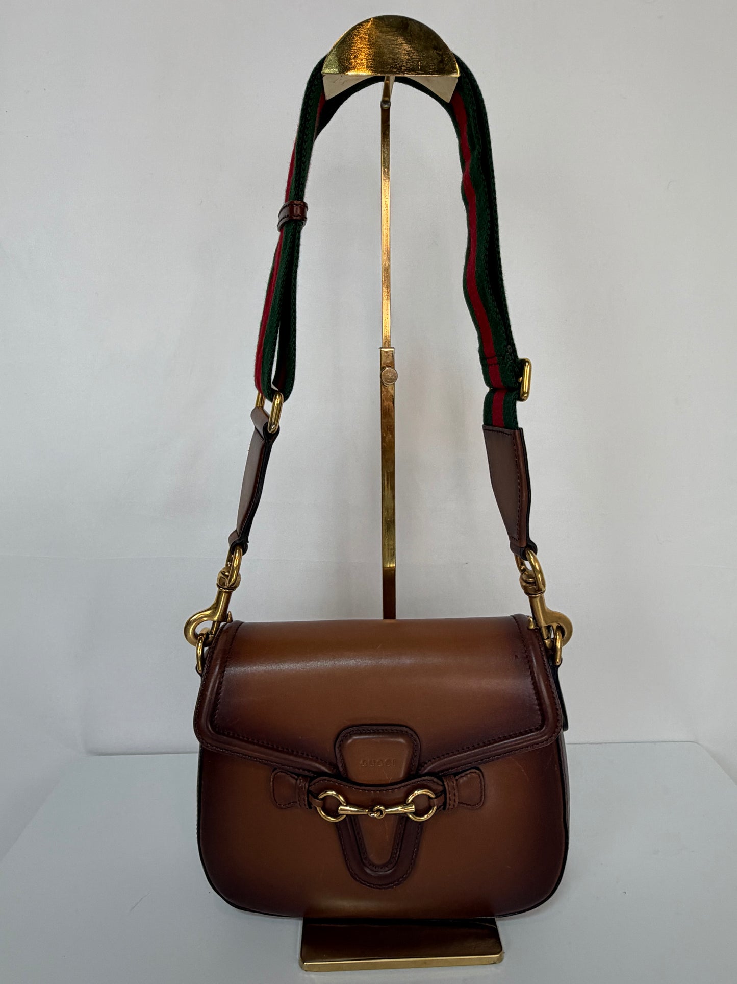 Gucci 1995 Brown Hand-Stained Leather "Lady Webb" Gold Horsebit Detail Shoulder Bag