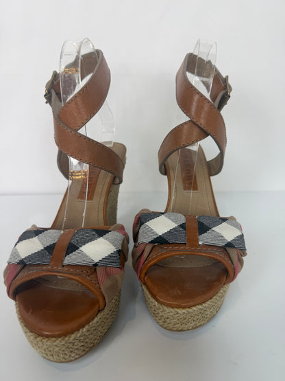 Burberry Tan Leather Check Print Bow Espadrille Wedge Sandals w Ankle Straps