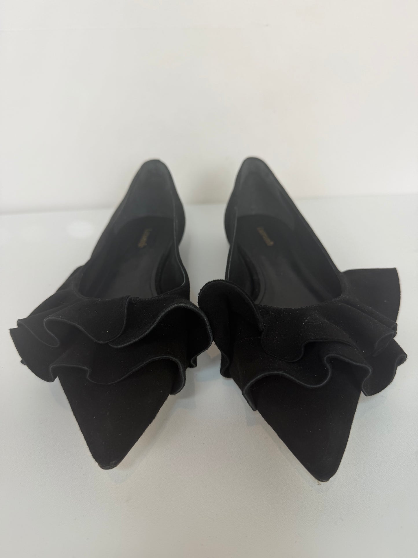 Larroude Black Suede Ruffle Accent Pointed Toe Ballet Flats