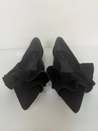 Larroude Black Suede Ruffle Accent Pointed Toe Ballet Flats