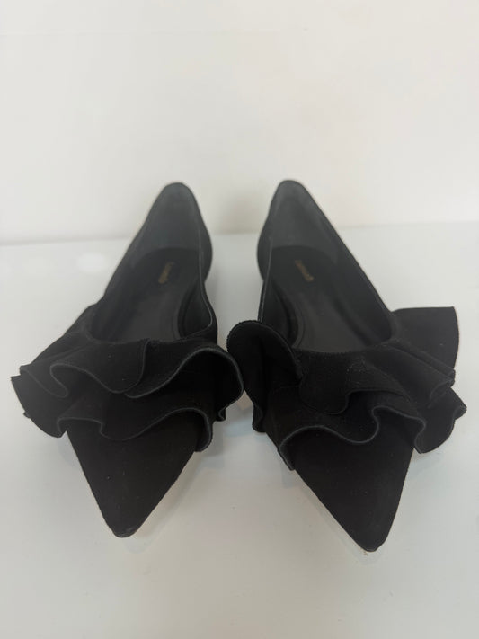 Larroude Black Suede Ruffle Accent Pointed Toe Ballet Flats