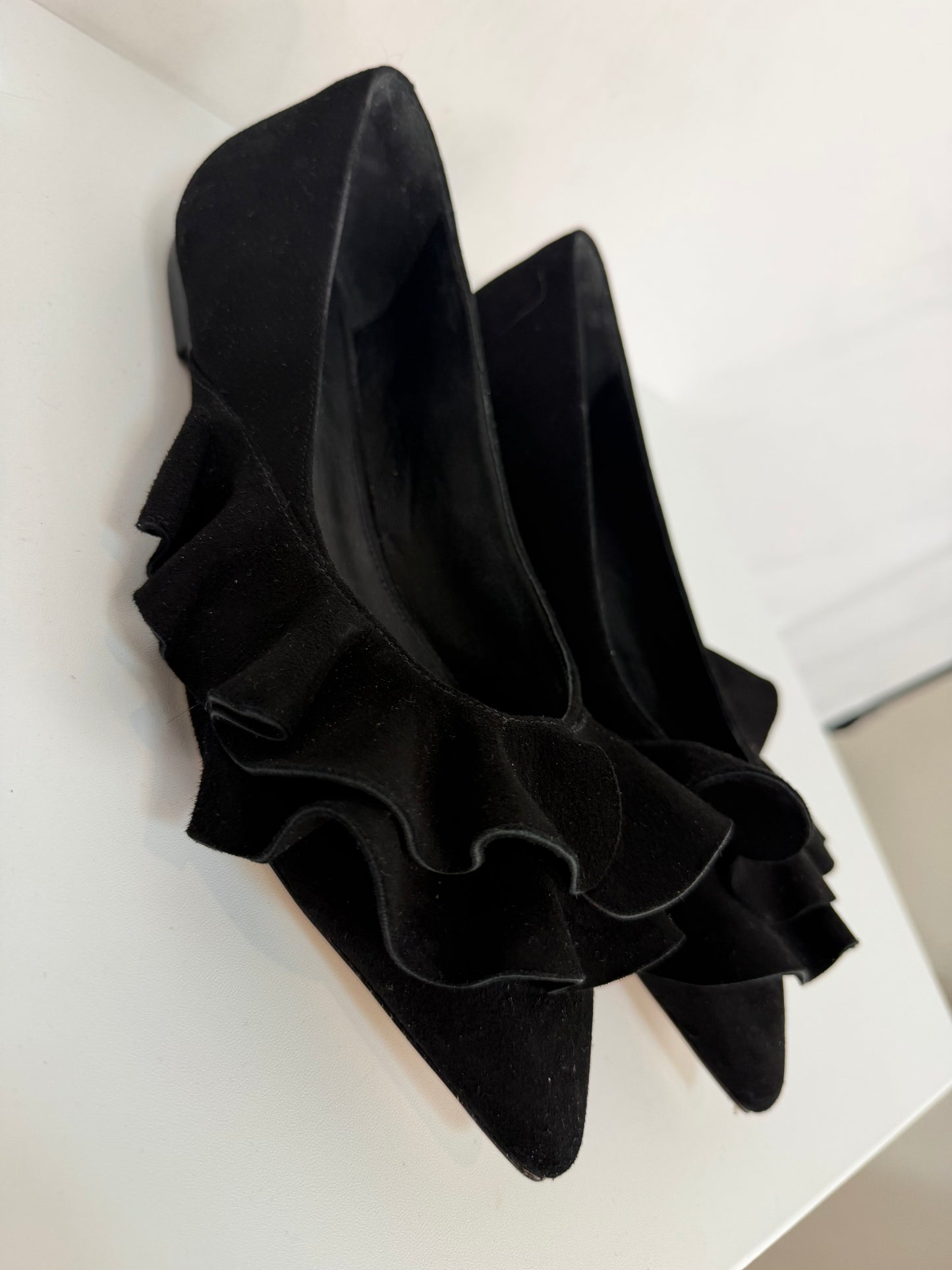 Larroude Black Suede Ruffle Accent Pointed Toe Ballet Flats