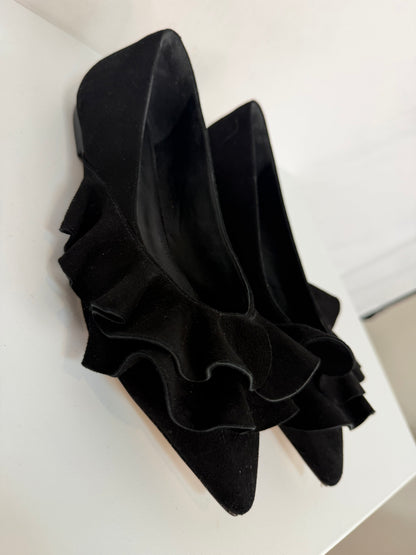Larroude Black Suede Ruffle Accent Pointed Toe Ballet Flats