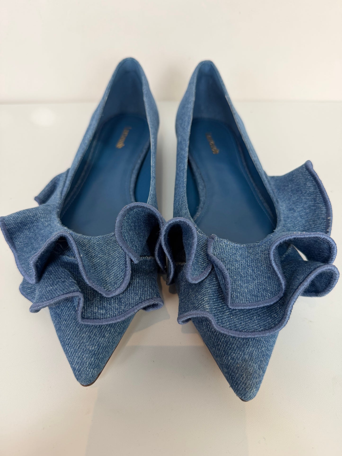 Larroude Blue Denim Ruffle Accent Pointed Toe Ballet Flats (Copy)