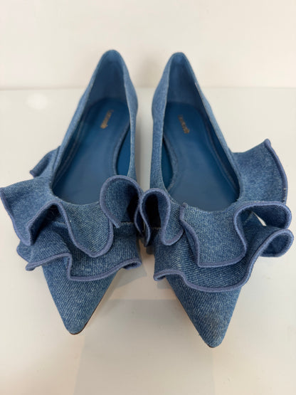 Larroude Blue Denim Ruffle Accent Pointed Toe Ballet Flats (Copy)