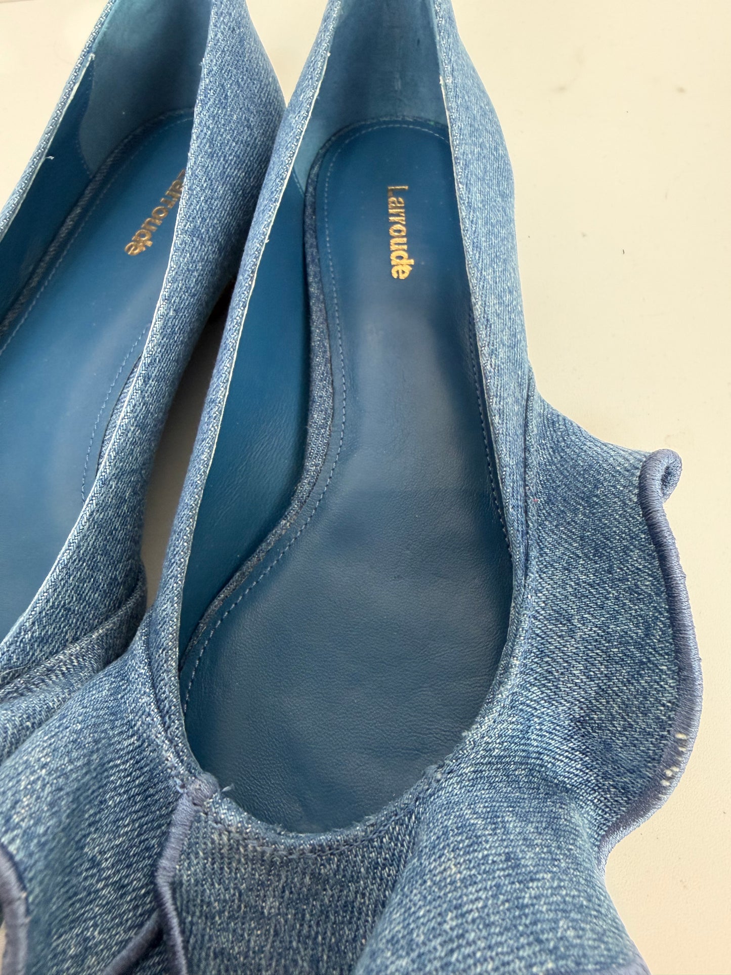 Larroude Blue Denim Ruffle Accent Pointed Toe Ballet Flats (Copy)