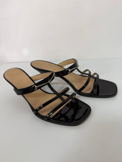 Gucci Black Patent Leather Square Toe 3 Strap w Silver Horsebit Kitten Heel Sandals