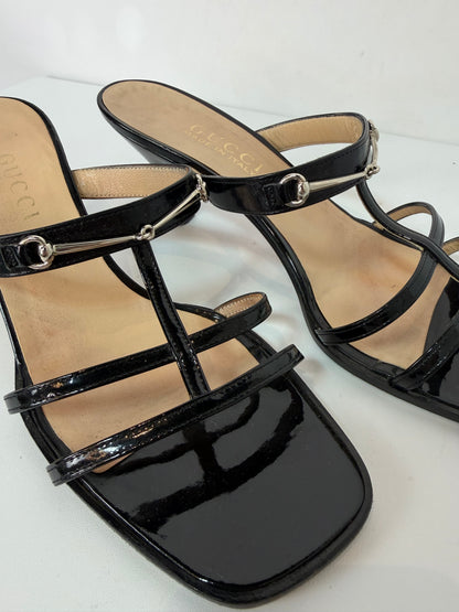 Gucci Black Patent Leather Square Toe 3 Strap w Silver Horsebit Kitten Heel Sandals