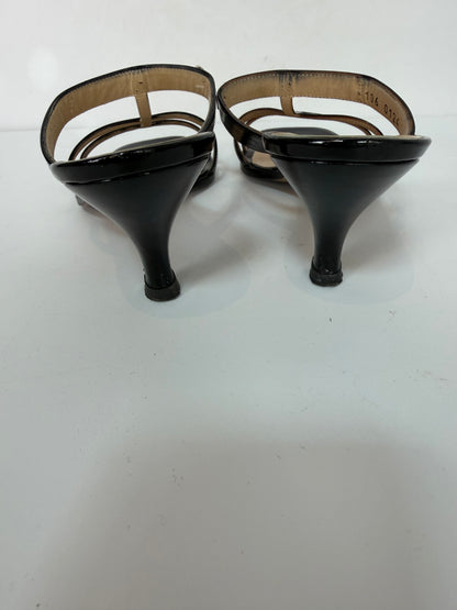 Gucci Black Patent Leather Square Toe 3 Strap w Silver Horsebit Kitten Heel Sandals