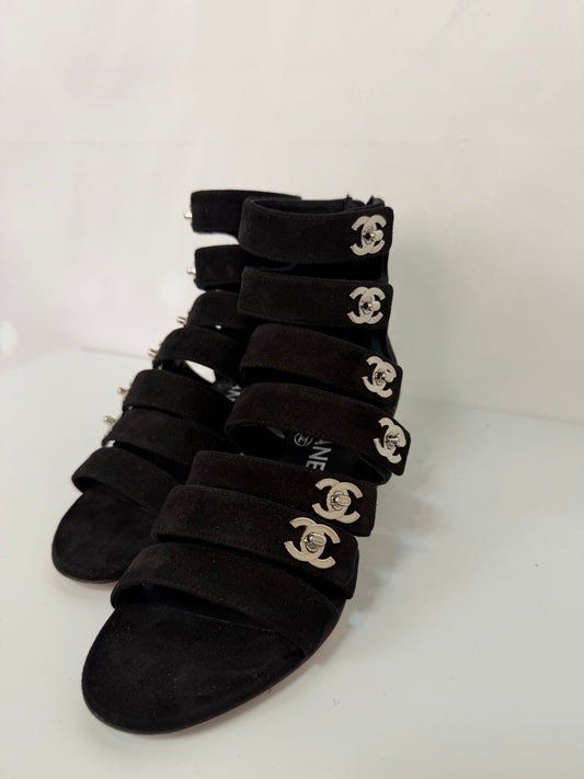 Chanel Black SuedeGladiator Block Heel Sandals
