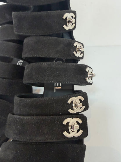 Chanel Black SuedeGladiator Block Heel Sandals