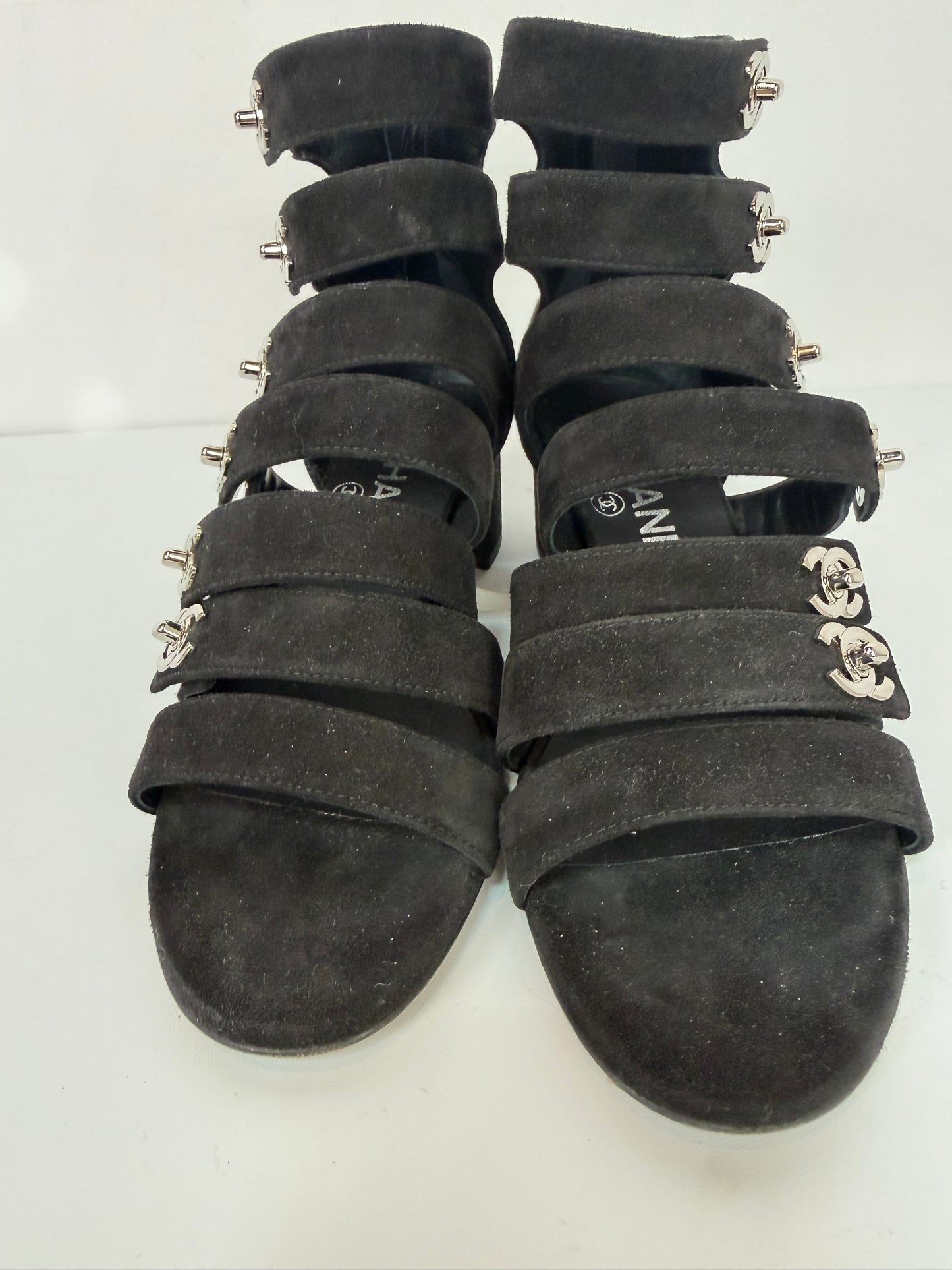 Chanel Black SuedeGladiator Block Heel Sandals