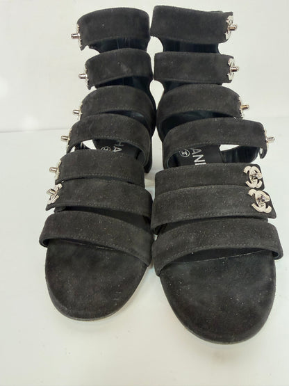 Chanel Black SuedeGladiator Block Heel Sandals
