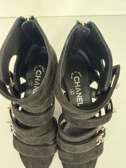 Chanel Black SuedeGladiator Block Heel Sandals