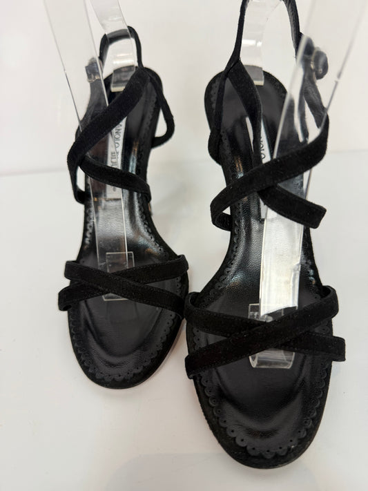 COMES WITH BOX - Manolo Blahnik Black Suede Strappy Heeled Sandals