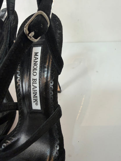 COMES WITH BOX - Manolo Blahnik Black Suede Strappy Heeled Sandals