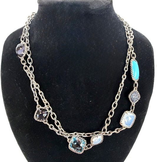 David Yurman Blue Sapphire. Topaz, Black Orchid, Quartz Sterling Chain Necklace