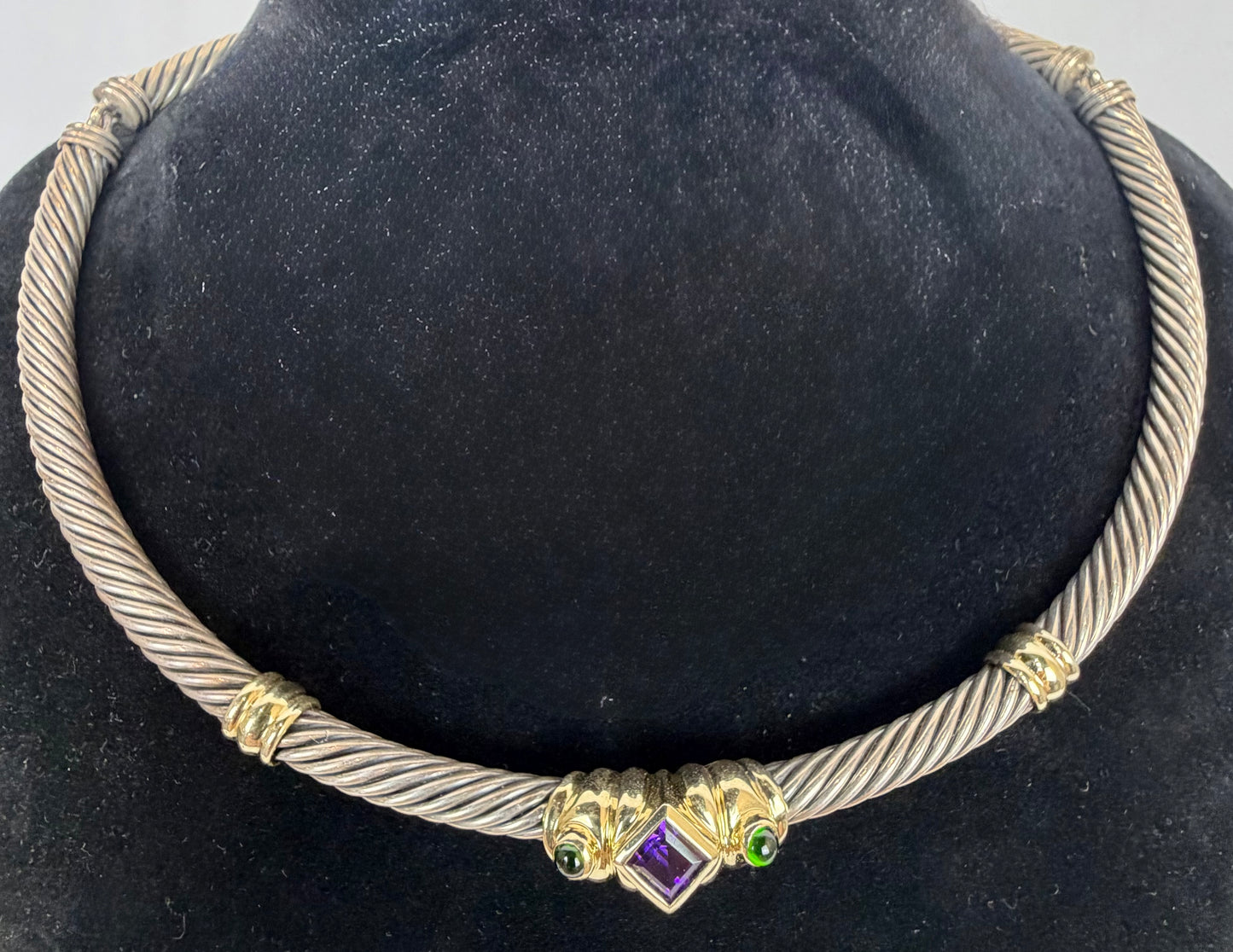 David Yurman Sterling Silver & 14K Gold Renaissance Cable Choker Necklace w/ Amethyst