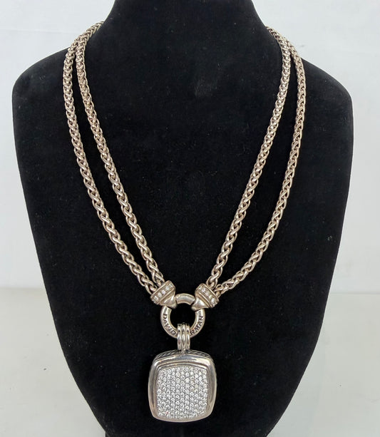 David Yurman Sterling Silver 18K White Gold Diamond Pave Square Pendant
