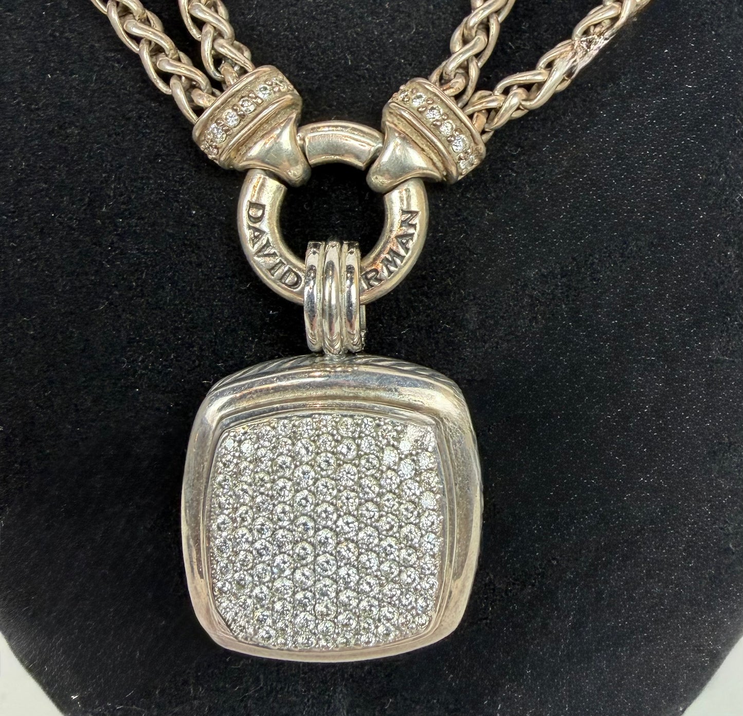 David Yurman Sterling Silver 18K White Gold Diamond Pave Square Pendant