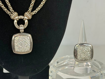 David Yurman Sterling Silver 18K White Gold Diamond Pave Square Pendant