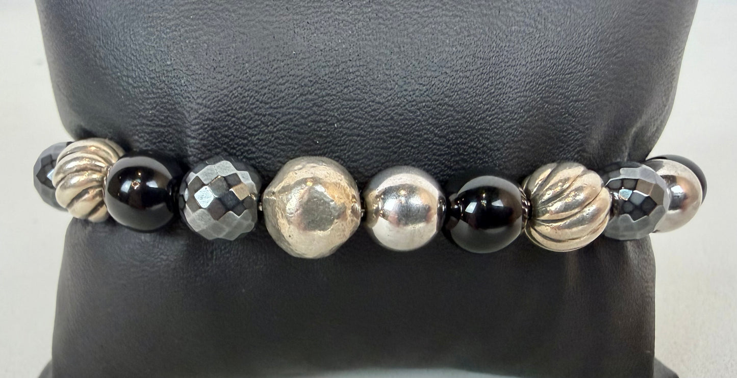 David Yurman Sterling Silver Black Onyx & Hematite Bead Bracelet