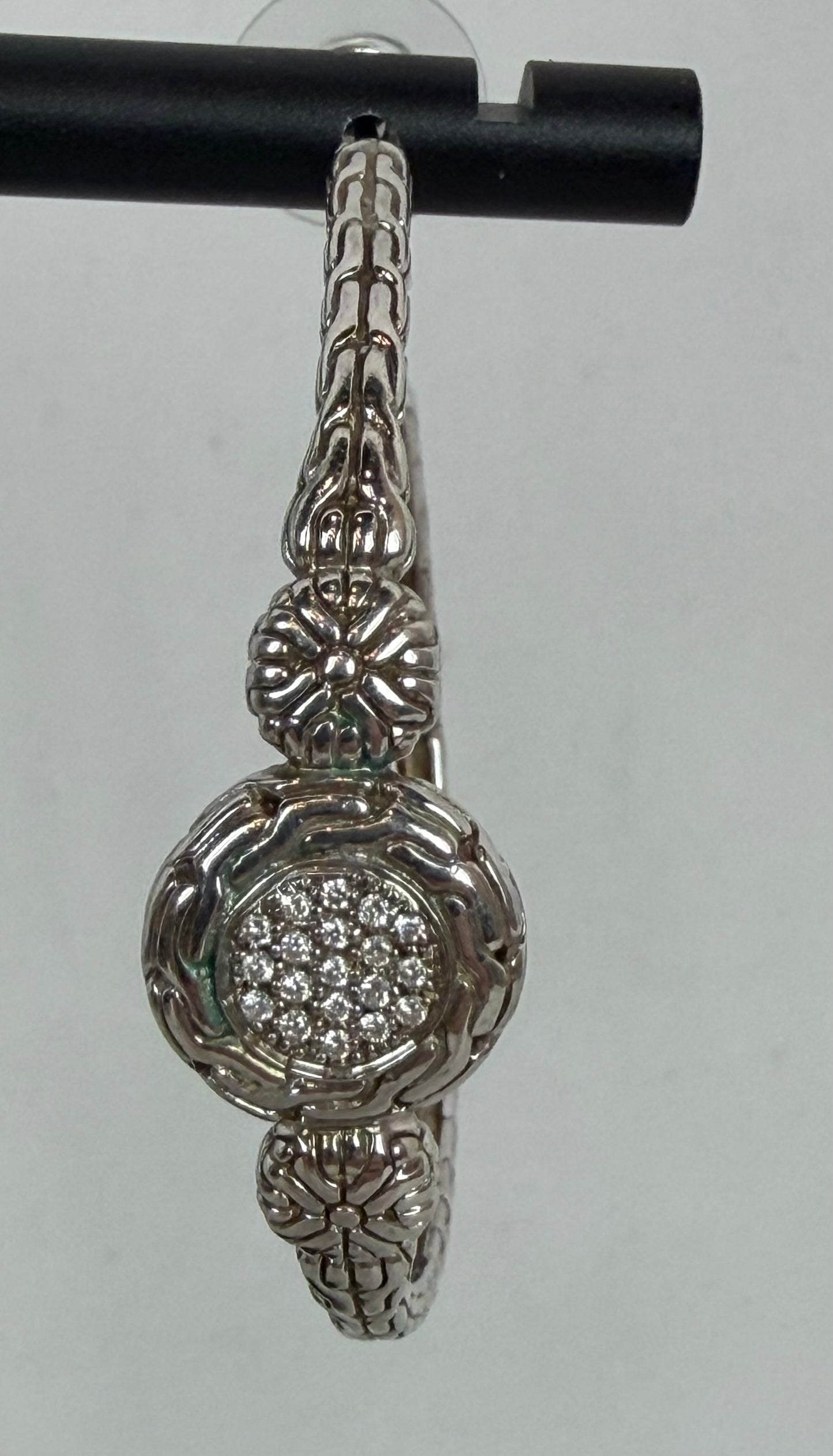 John Hardy Sterling Silver 18K White Gold Hoop Diamond Pave Earring
