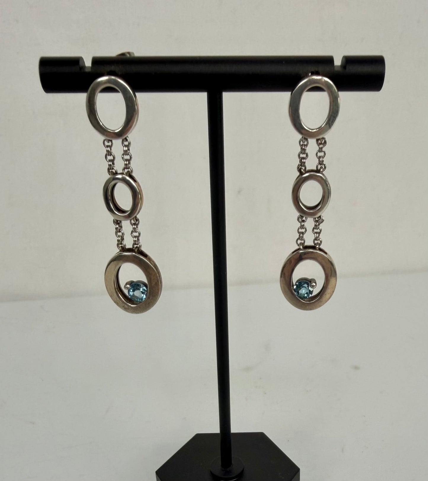 John Atencio Sterling Blue Topaz Vertical Drop Open Circle Earrings