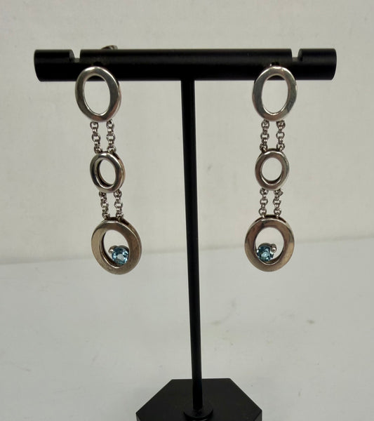 John Atencio Sterling Blue Topaz Vertical Drop Open Circle Earrings