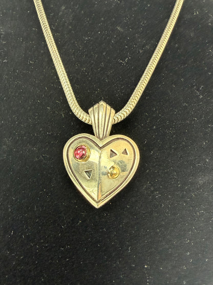 COMES W BAG - John Atencio Sterling Silver 18K Gold Pink Stone Heart Pendant Necklace