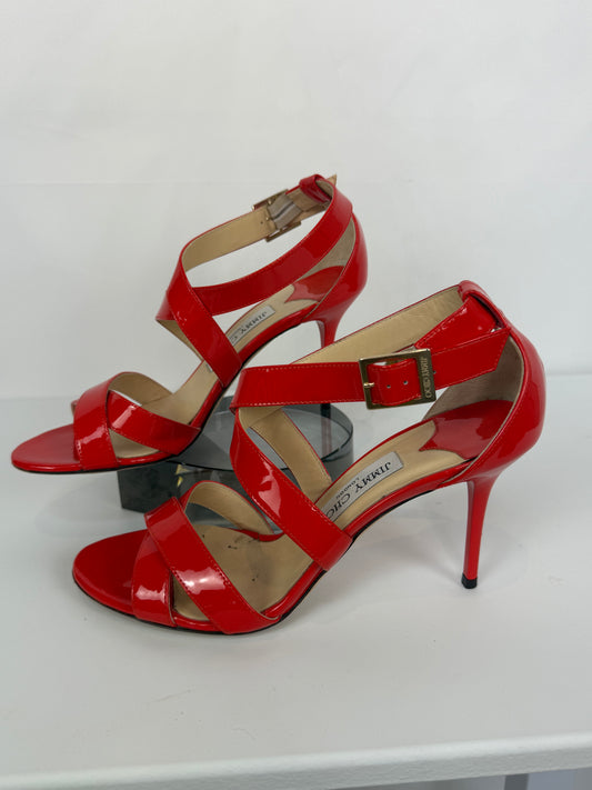 Jimmy Choo Red Patent Leather X Strap Heeled Sandals