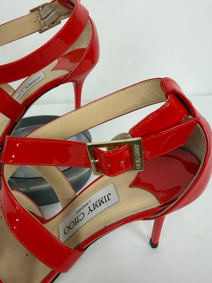 Jimmy Choo Red Patent Leather X Strap Heeled Sandals