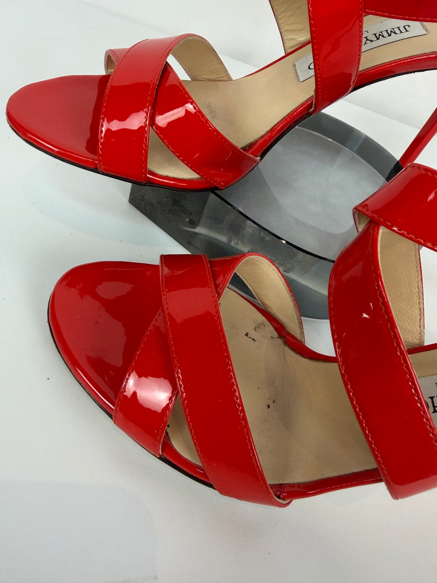 Jimmy Choo Red Patent Leather X Strap Heeled Sandals